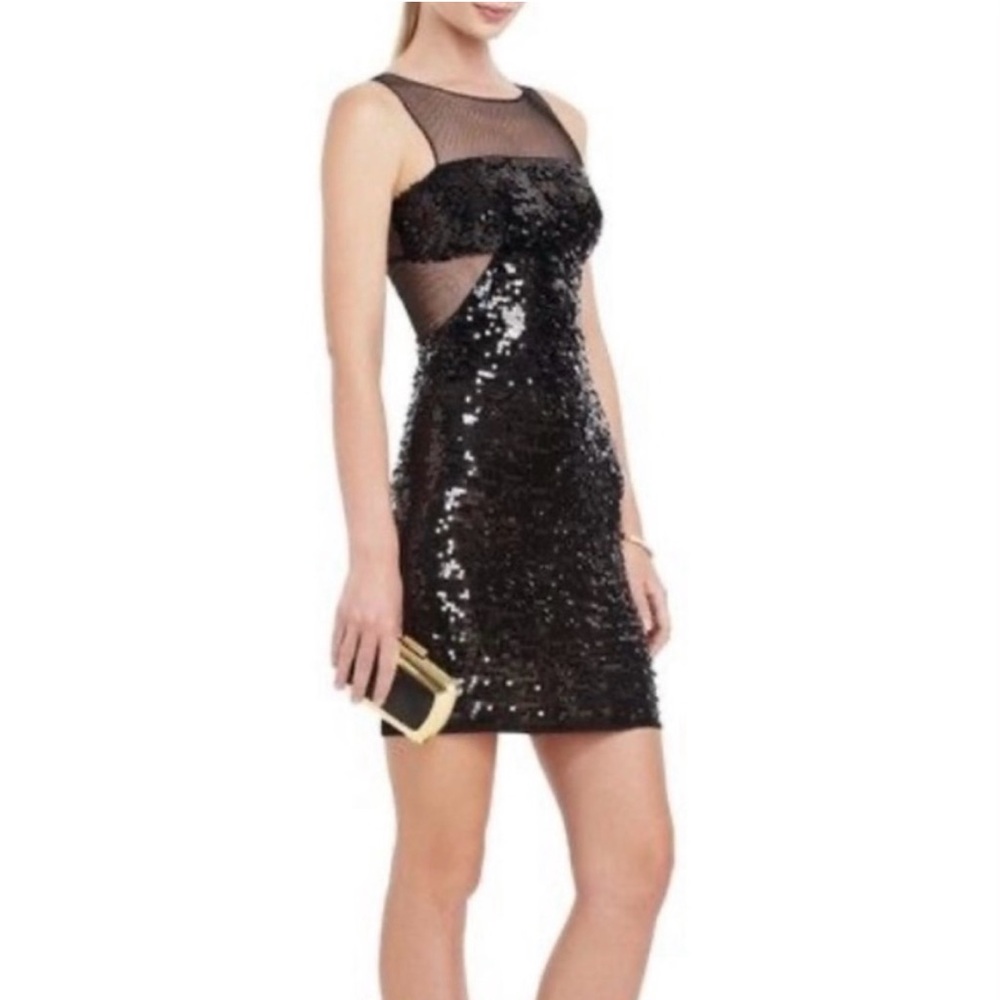 BCBG Max Azria Illusion mesh black sequined cocktail dress size XS